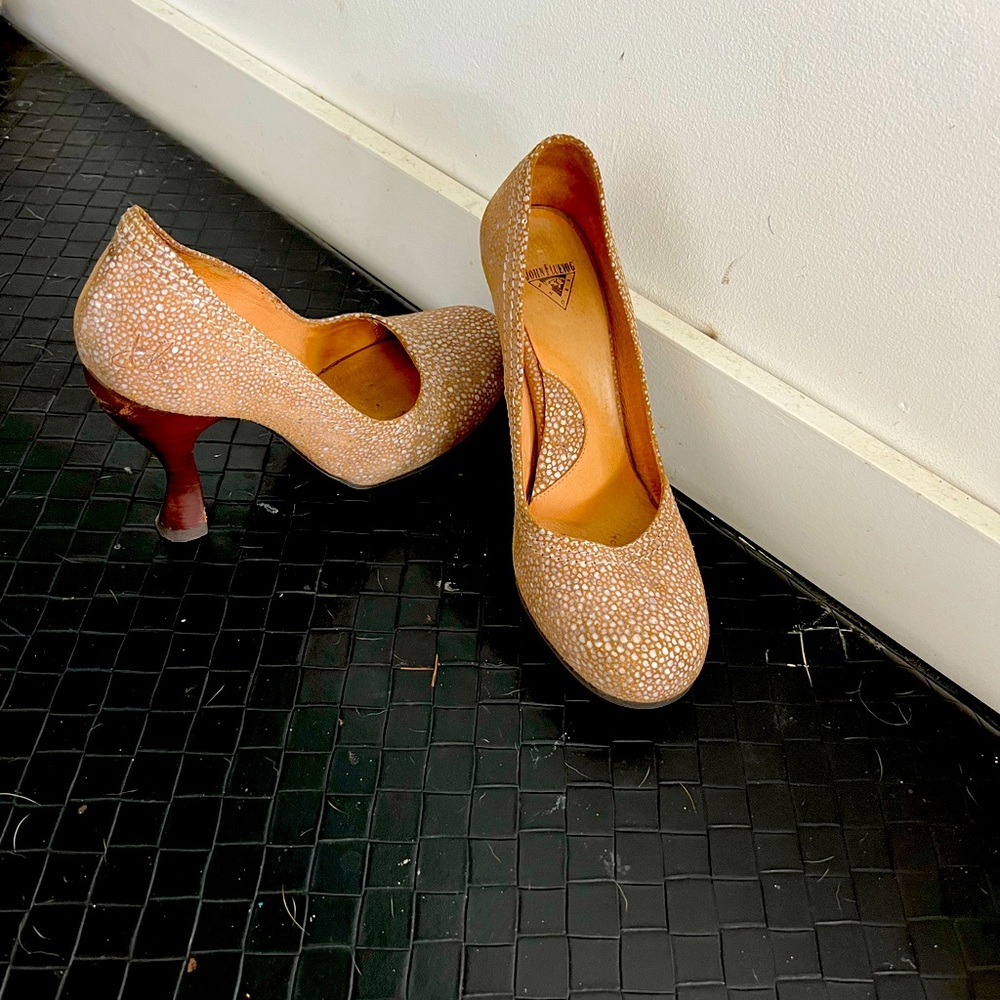 John Fluevog beige with silver sparkles heels